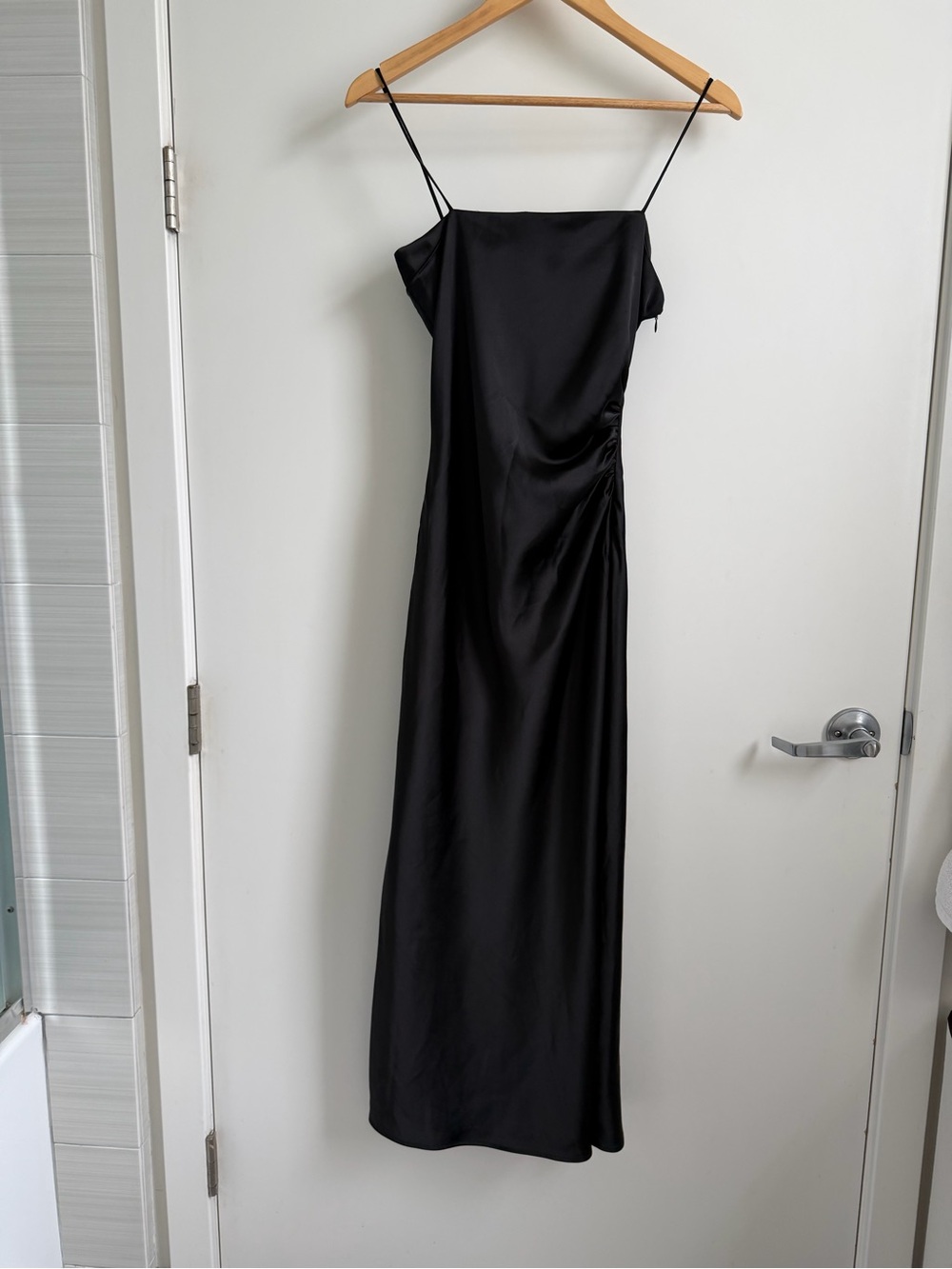Zara Black Satin Maxi Slip Dress with Spaghetti Straps